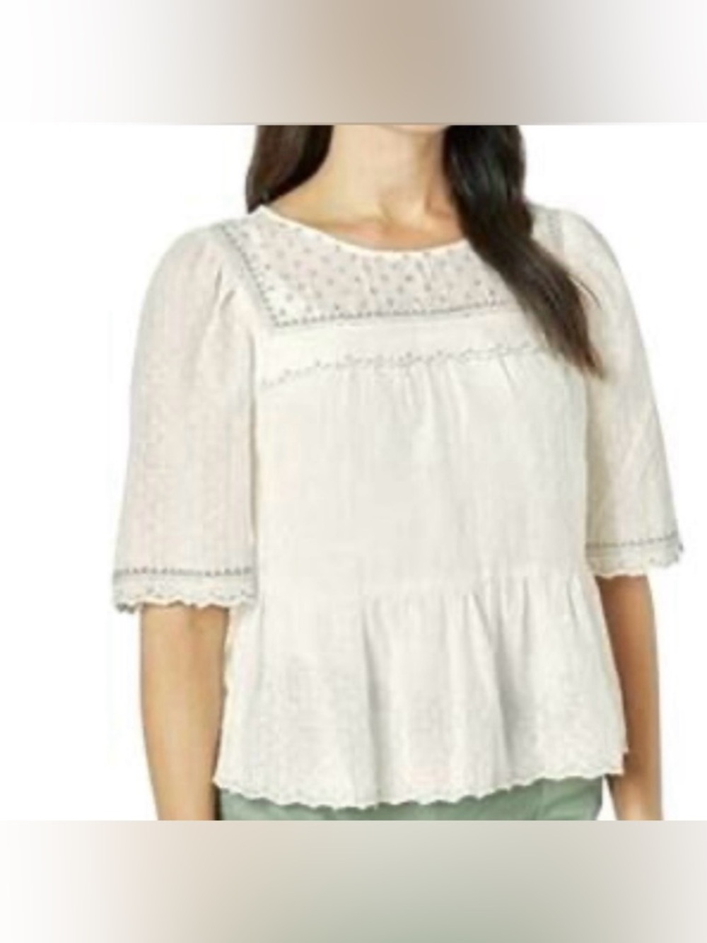 Velvet By Graham & Spencer White Lace, Embroidered Accent Blouse, Short Sleeve,M